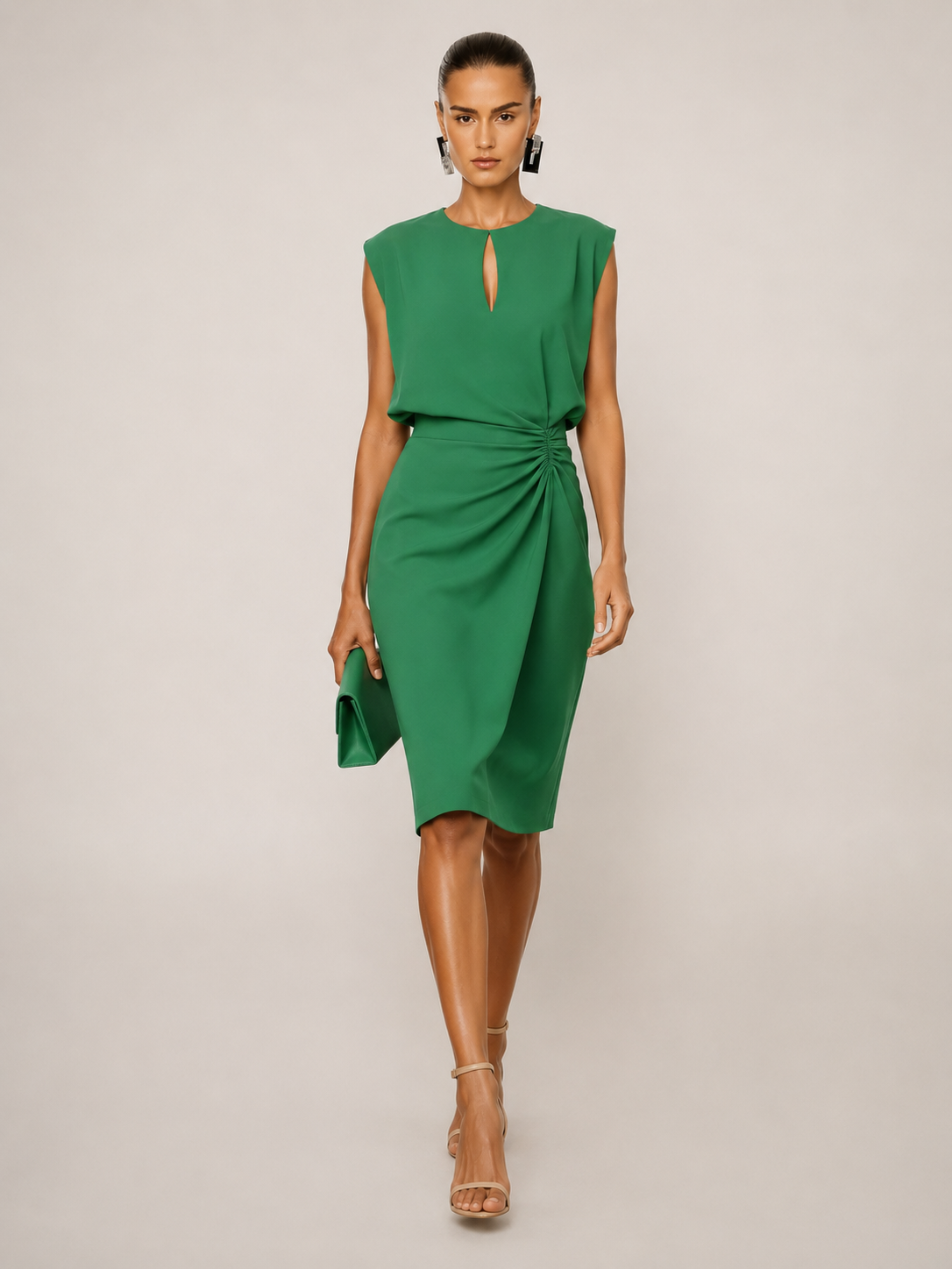 Solid color pleated waist cinched round neck hollow out women's dress