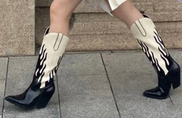 Pointed Toe Black and White Flame Print Knee High Boots Block Heels Slip-On Cowboy Cowgirl Vintage Classic Women Casual Shoes