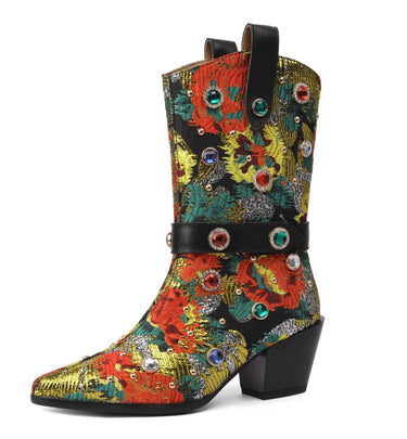 New Arrival Ethnographic Style Women Cow Leather Mid Calf Boots Pointed Toe Thick Heels Crystal