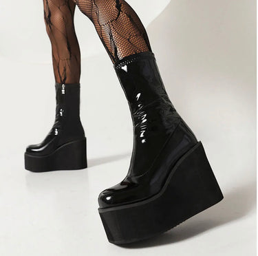 Gothic Style Red Black Platform Wedges Women Motorcycle Boots  Winter Cool Street Women Shoes Ankle Boots Big Size 43