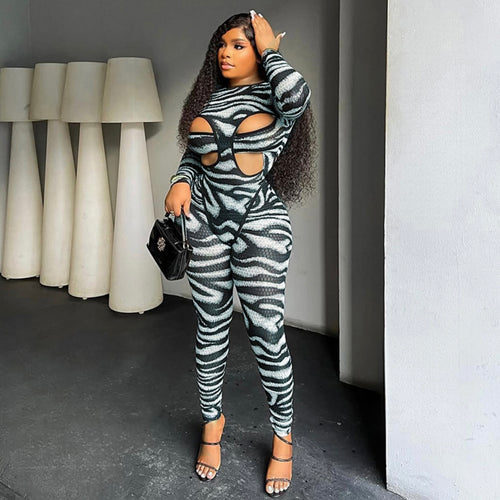 Autumn Winter Women's Zebra Print Hollow Out Bodysuit with Skinny Pants Set, Sexy Outfit