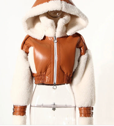 Casual Leather Jackets For Women Hooded Long Sleeve Spliced Zipper Short Jacket Female Style