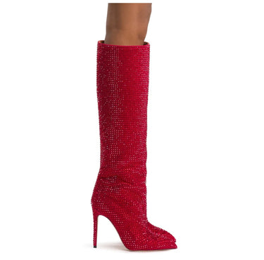 Black Pink Silver Rhinestone Knee High Boots for Women Designer Stilettos Heels Sexy Wedding Autumn Winter Boots Shoes