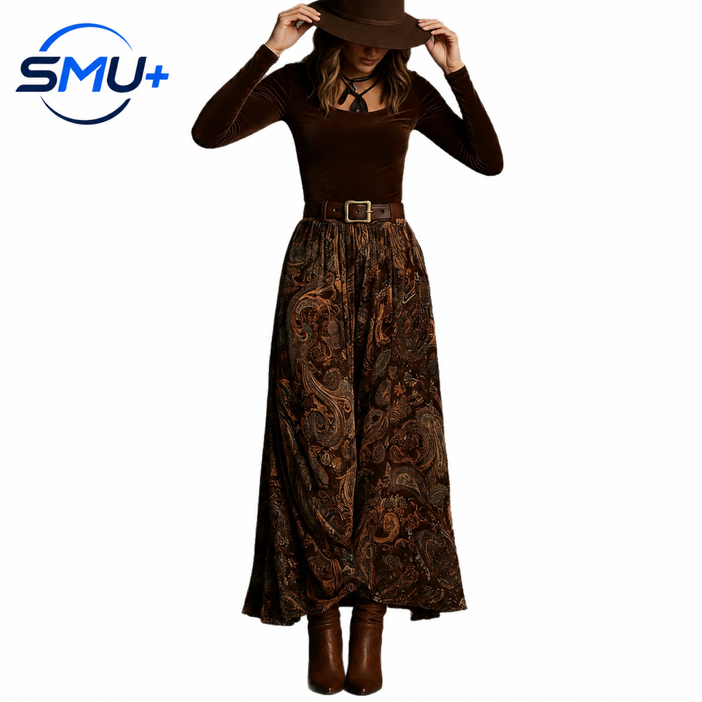 Slim fit printed long skirt set with belt