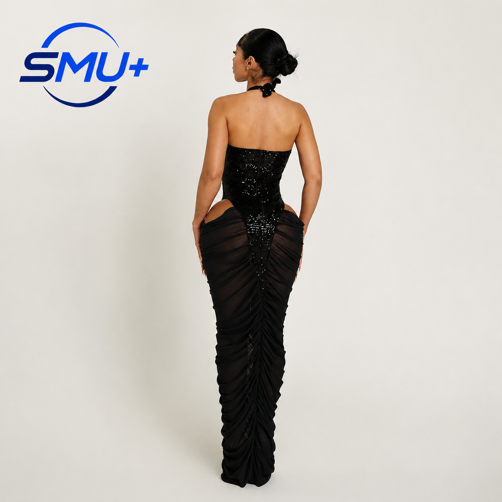 Sequin Spliced Sheer Mesh Pleated Bodycon Dress