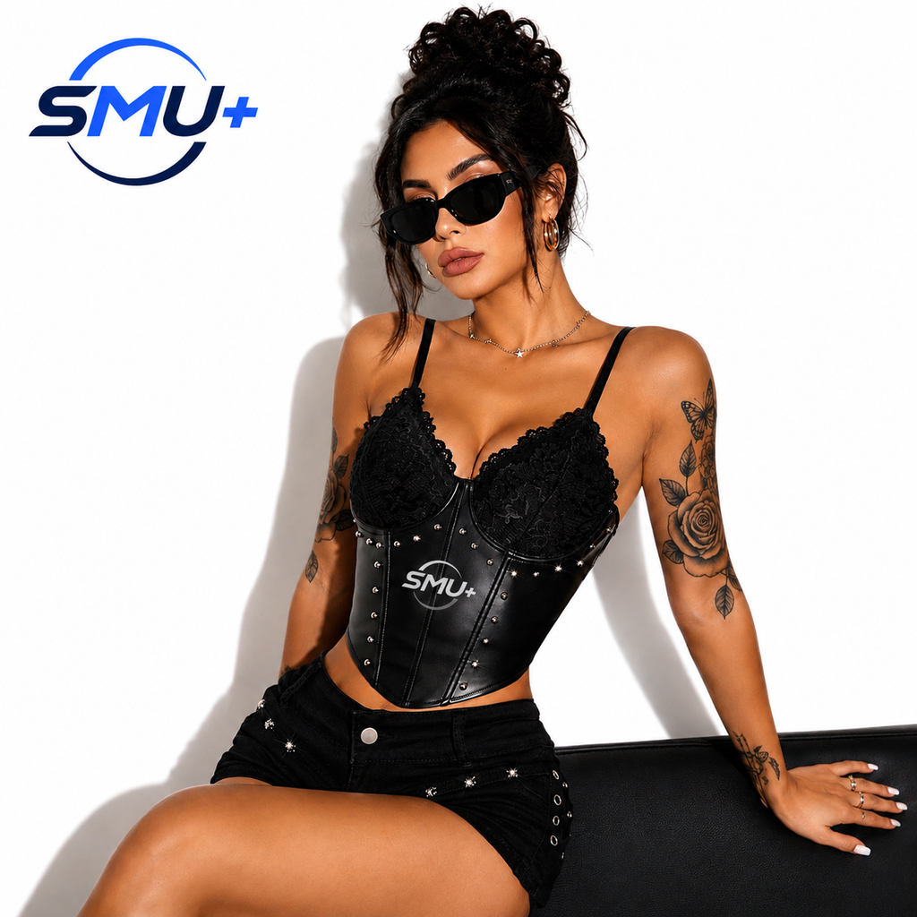 Spicy Girl Street Photography Lace PU Leather Splicing Beaded Tied Backless Halter Top