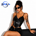 Spicy Girl Street Photography Lace PU Leather Splicing Beaded Tied Backless Halter Top