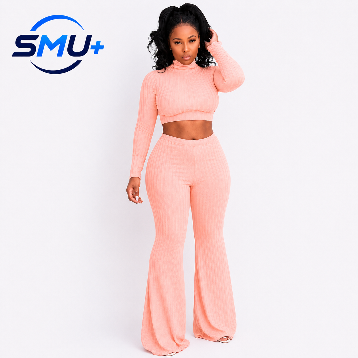 Round neck top and wide leg pants two-piece set