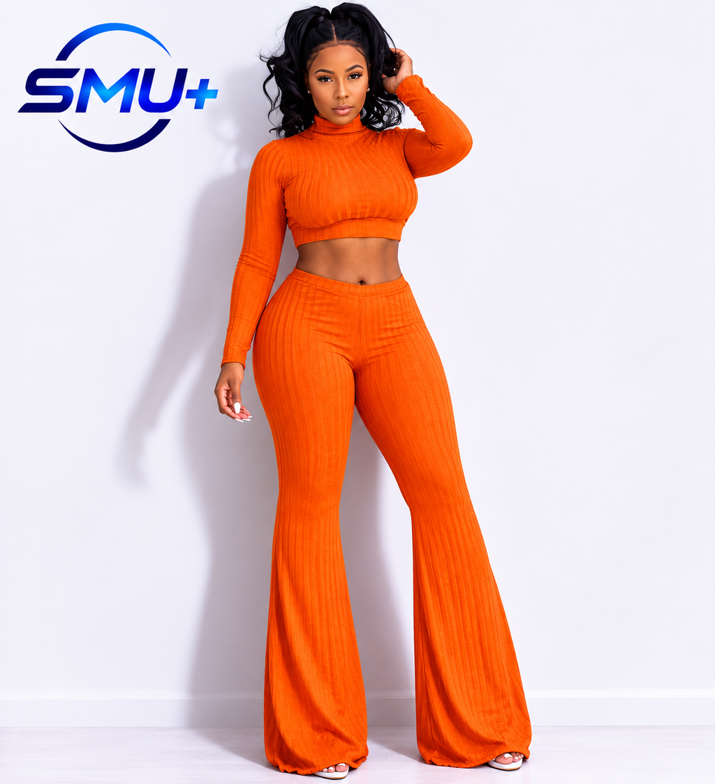 Round neck top and wide leg pants two-piece set