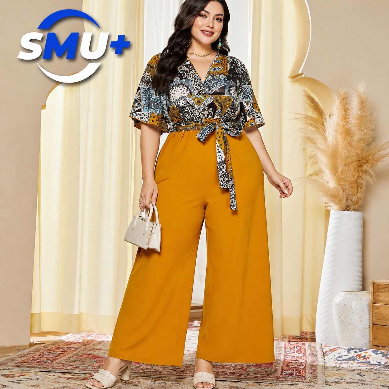 Chic Office-Style Printed Spliced V-Neck Straight Leg Jumpsuit for Women