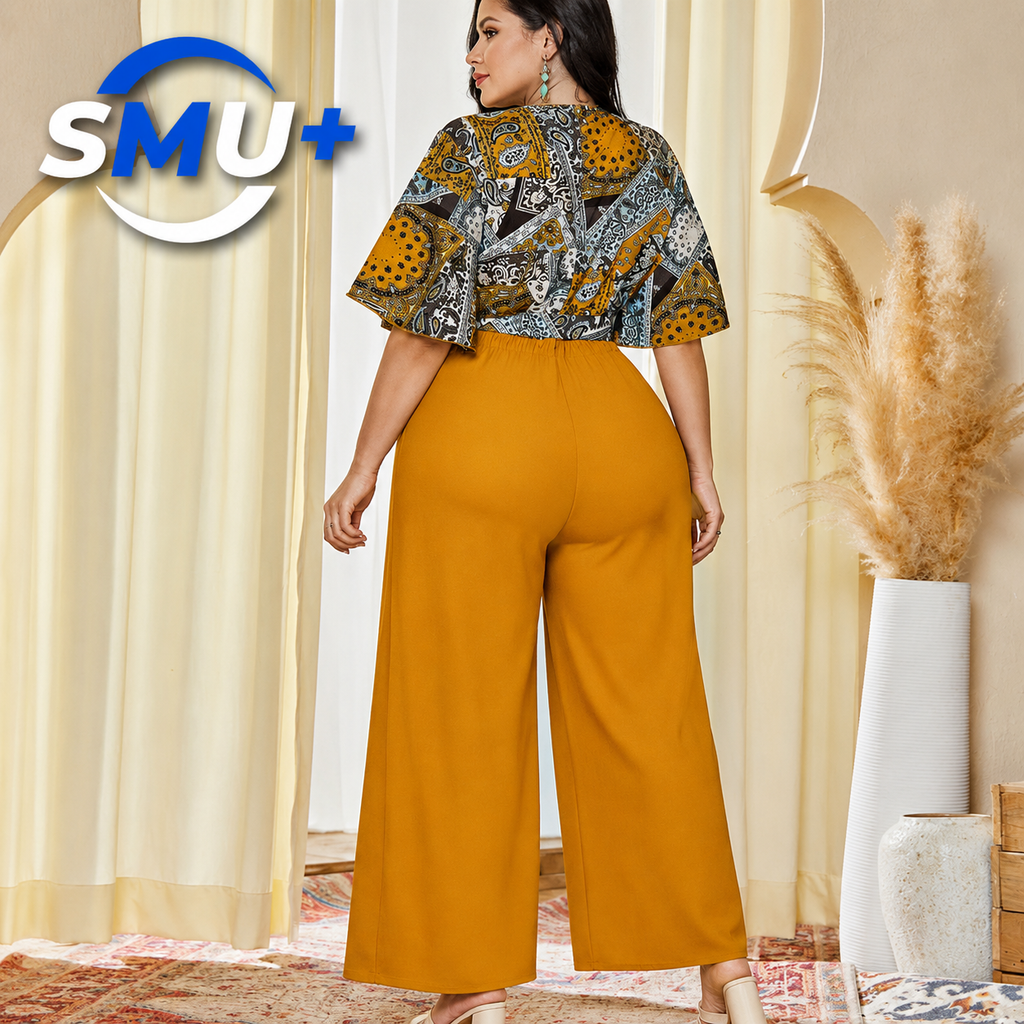 Chic Office-Style Printed Spliced V-Neck Straight Leg Jumpsuit for Women
