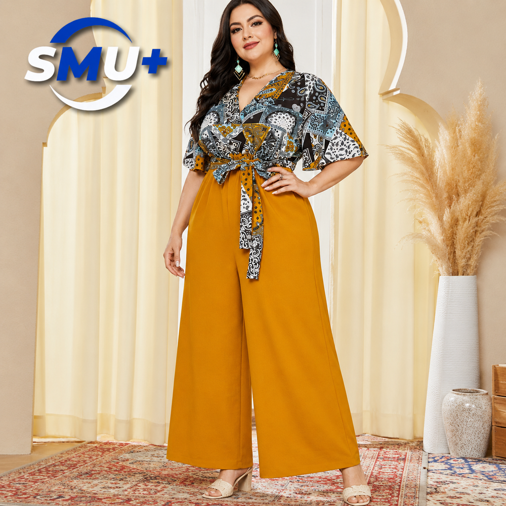 Chic Office-Style Printed Spliced V-Neck Straight Leg Jumpsuit for Women