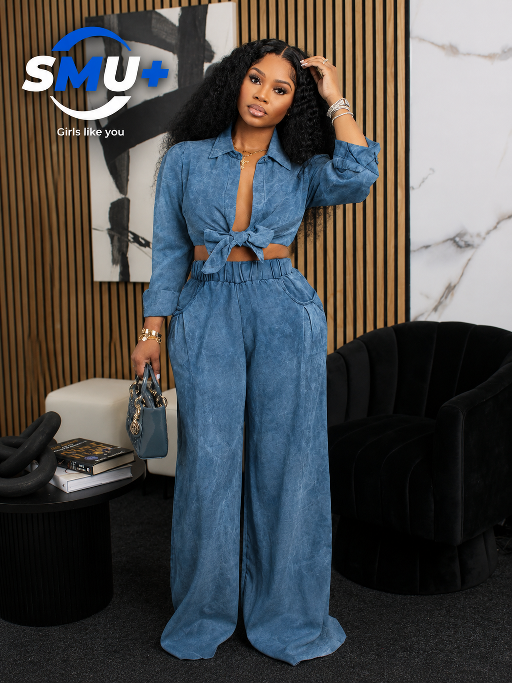 European and American autumn new women's long sleeved loose casual shirt wide leg pants set