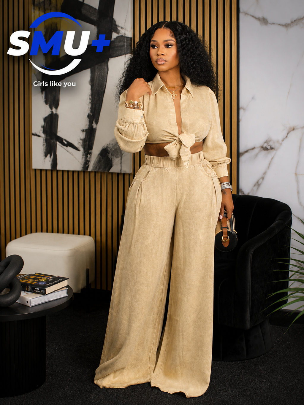 European and American autumn new women's long sleeved loose casual shirt wide leg pants set