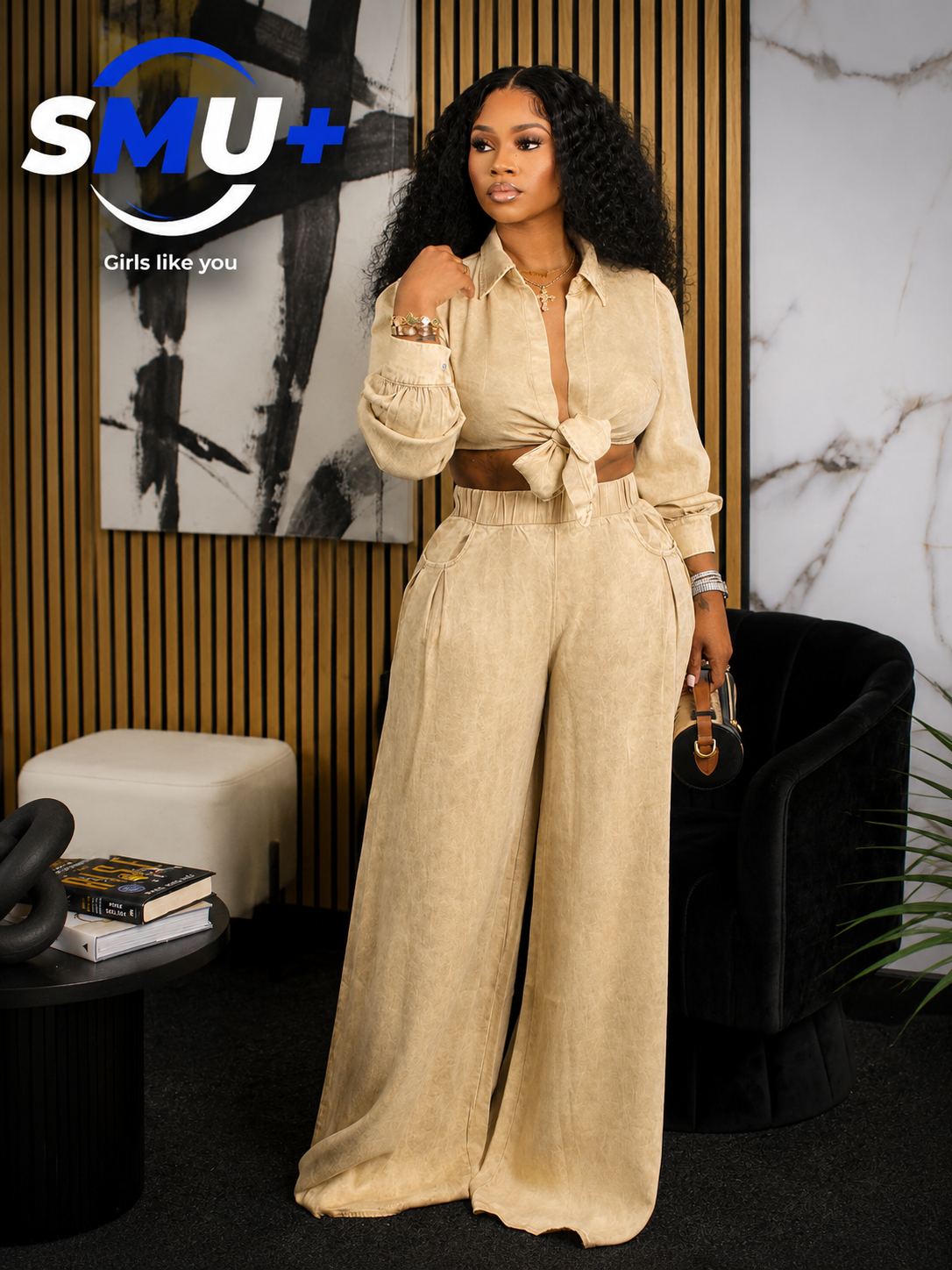 European and American autumn new women's long sleeved loose casual shirt wide leg pants set