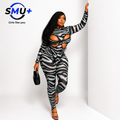Autumn Winter Women's Zebra Print Hollow Out Bodysuit with Skinny Pants Set, Sexy Outfit