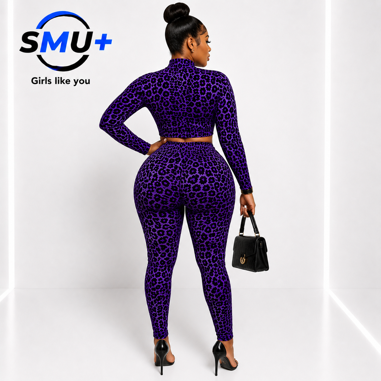 Fashion Leopard Print Long Sleeve Top High Waist Two-Piece Set Women's Outfit