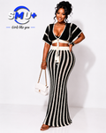 Sexy Fitted Knit V-Neck Cut-Out Stripe Women's Long Dress Set
