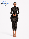 Fashion Summer Women Long Sleeve Sheer Dress See Through Mid Calf Mesh Print Dress Sexy Night Party Club Dress Vestidos