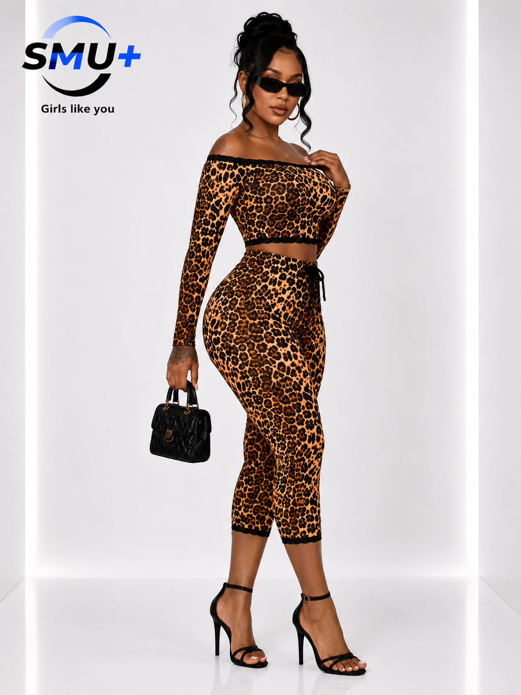 Leopard Print Off-Shoulder Long Sleeve Crop Top with Fitted Seven-Eighth Pants Two-Piece Set