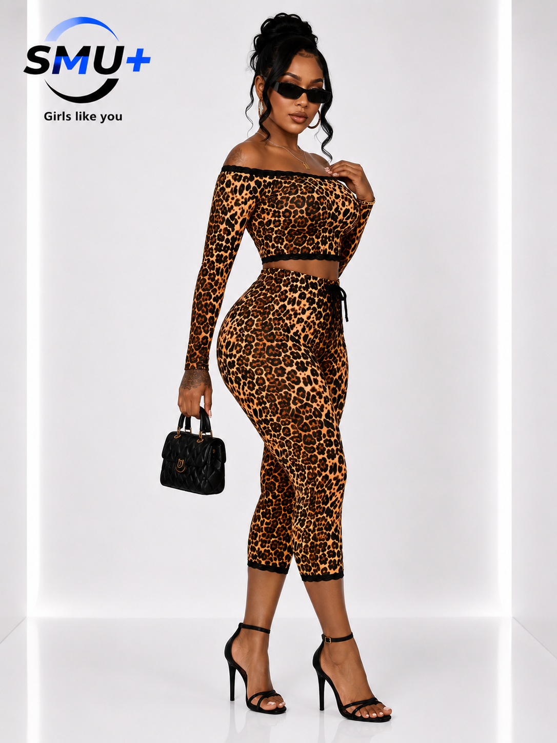Leopard Print Off-Shoulder Long Sleeve Crop Top with Fitted Seven-Eighth Pants Two-Piece Set