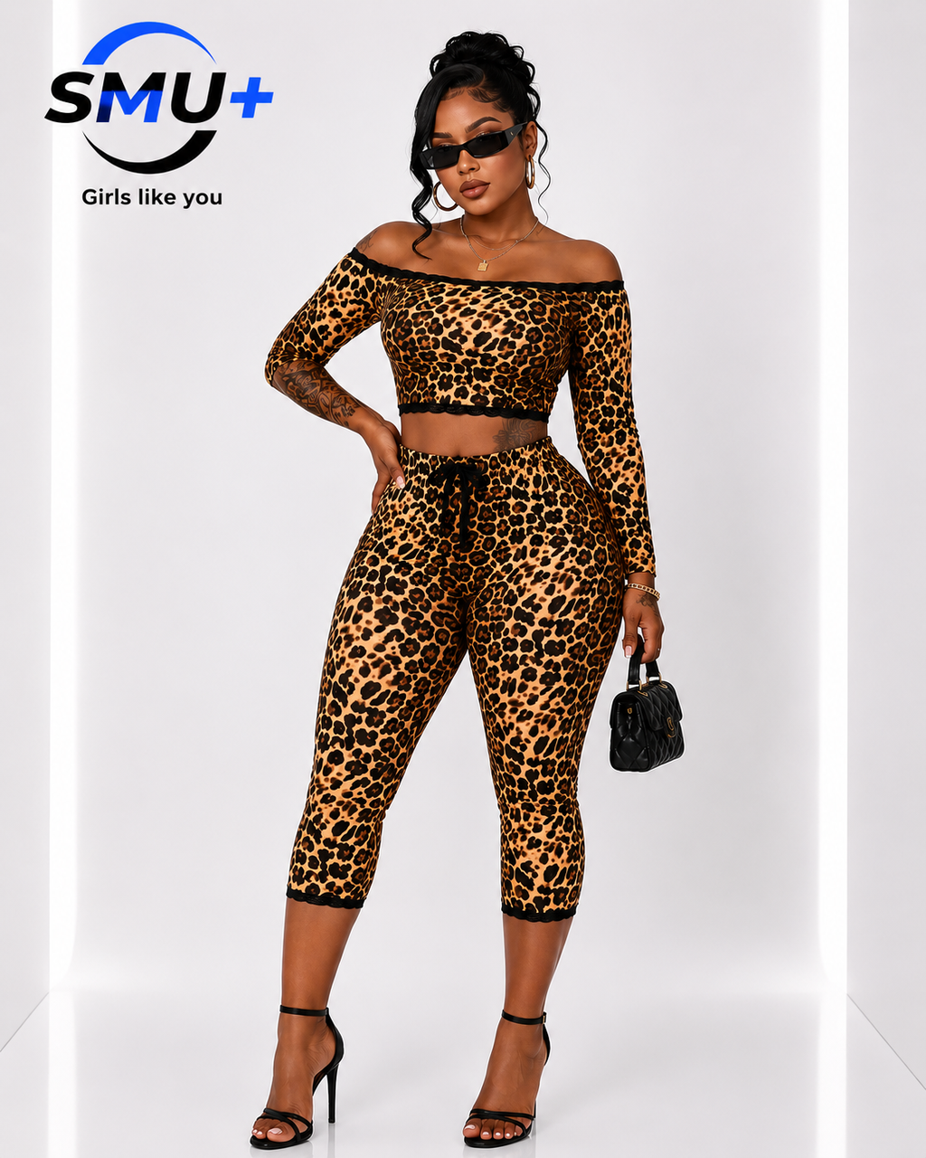 Leopard Print Off-Shoulder Long Sleeve Crop Top with Fitted Seven-Eighth Pants Two-Piece Set