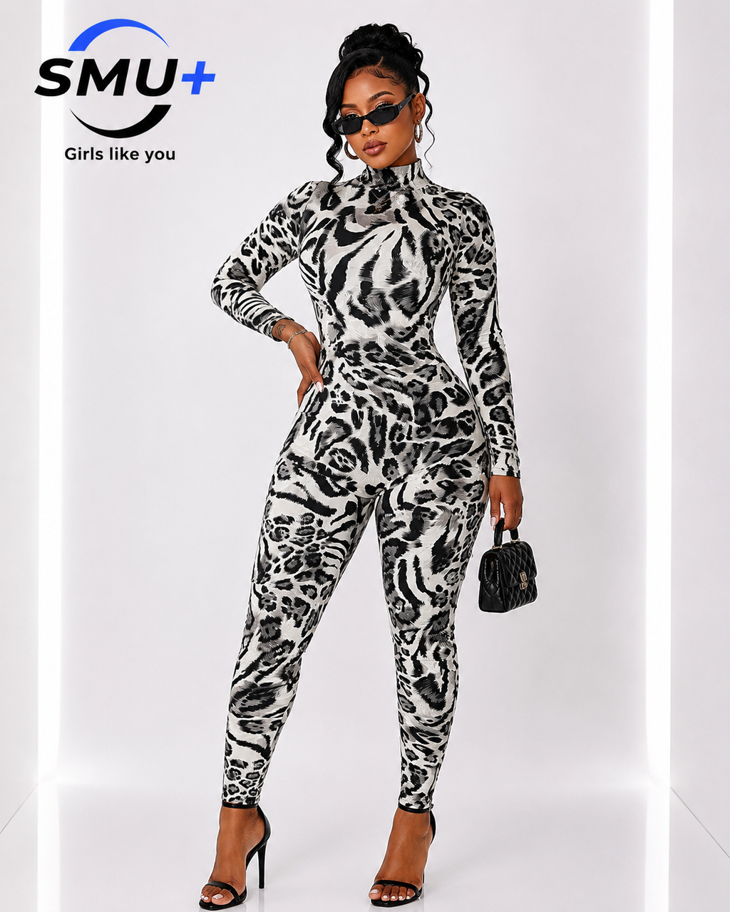 Fashionable Leopard Print Long Sleeve High Neck Slim Fit Jumpsuit for Women