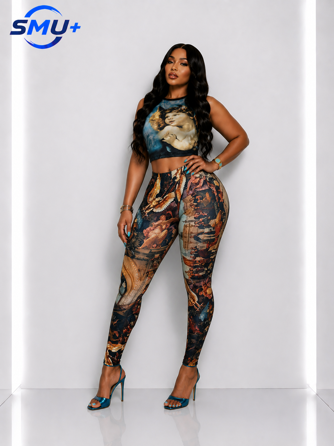 Sleeveless Crop Top with Printed Design and Fitted Long Pants Set