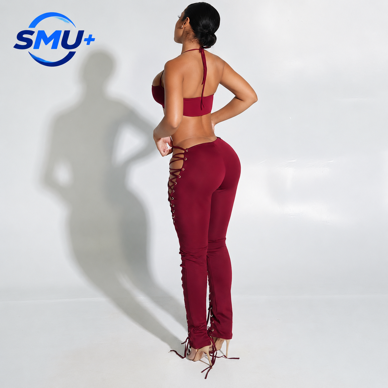Style Solid Color Halter Neck Tie-Back Top with Belted Sexy Pants Two-Piece Set