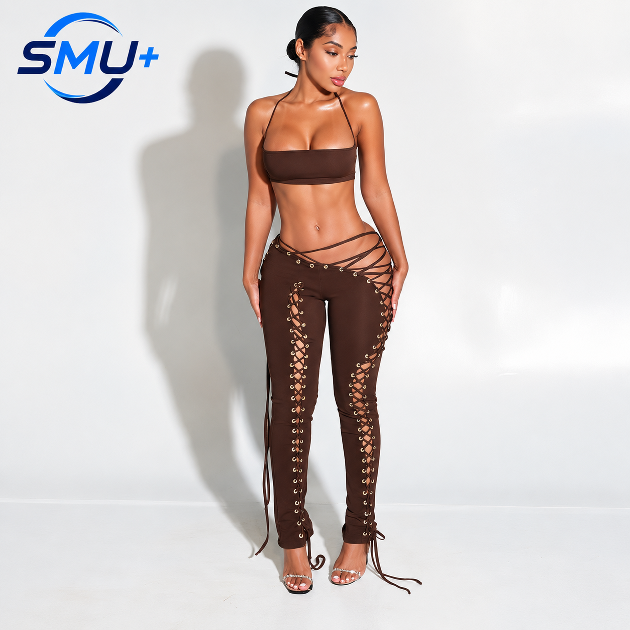 Style Solid Color Halter Neck Tie-Back Top with Belted Sexy Pants Two-Piece Set