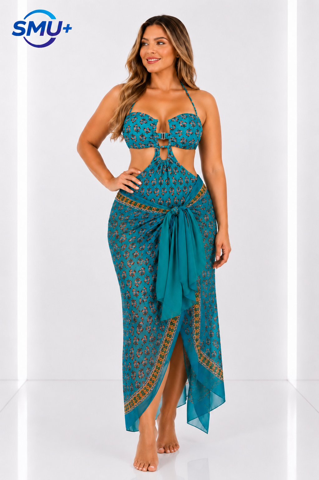 One-piece strappy hollow sexy triangle long chiffon wrap skirt foreign trade swimsuit/ SMU PLUS