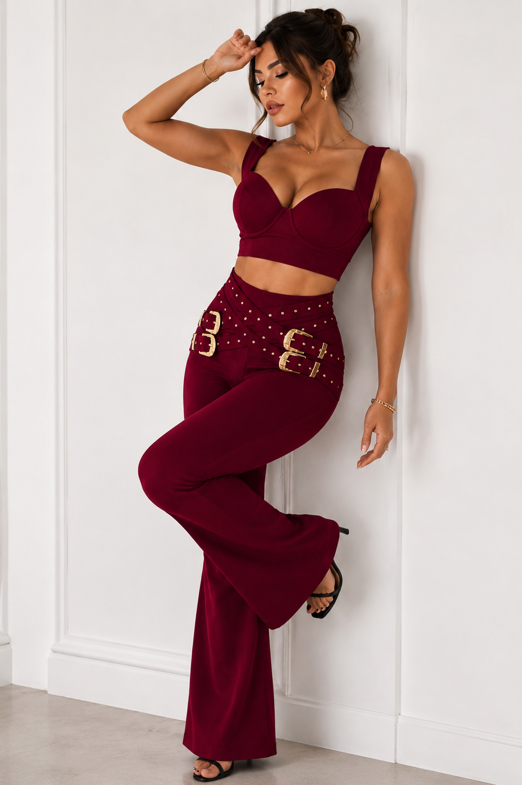 Fashion Women's Sexy Casual Eyelet Button Top and Pants Set