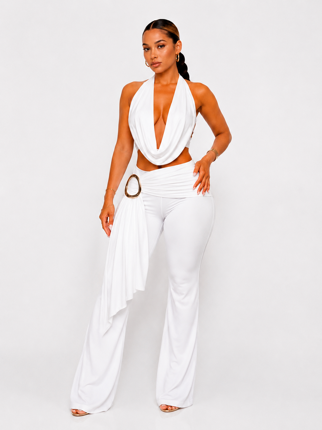 smu plus Style New Fashion Solid Color Slim Fit Sleeveless Elegant Drape Neck Top with Large Metal Buckle Set