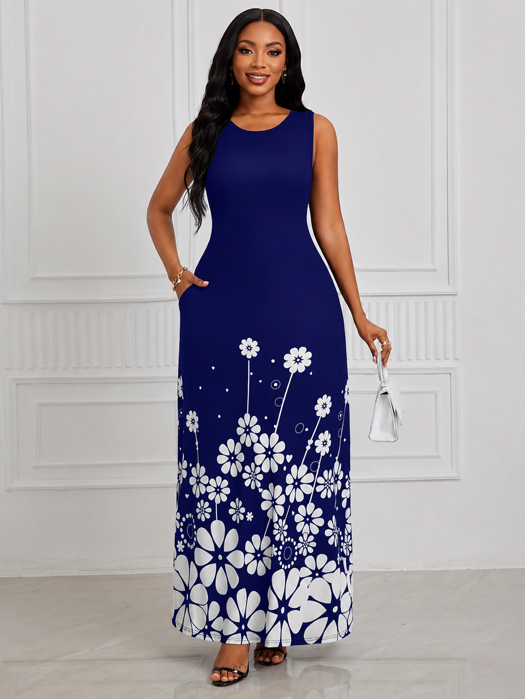 Printed Sleeveless Loose Round Neck Simple Elegant Dress